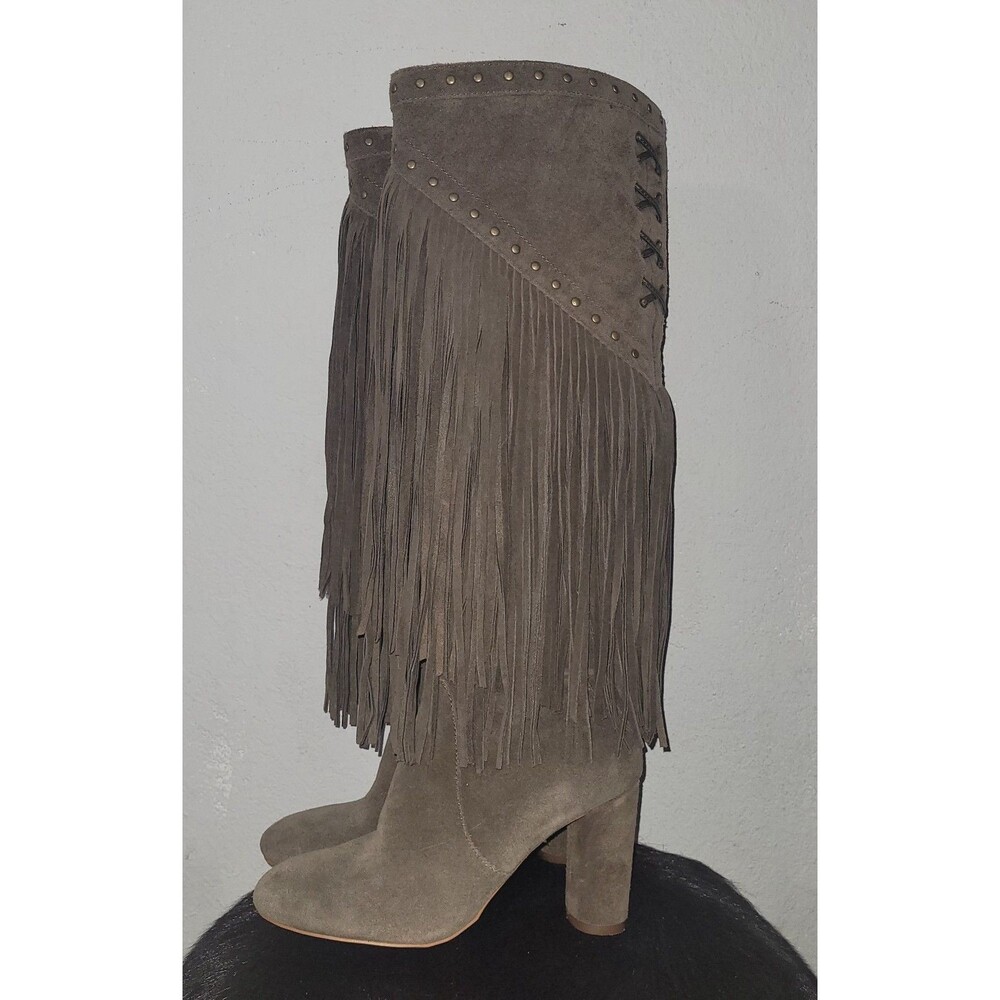 INC International Co Boot Tall Fringe Taupe Suede Heels Boho Women's Size 5.5